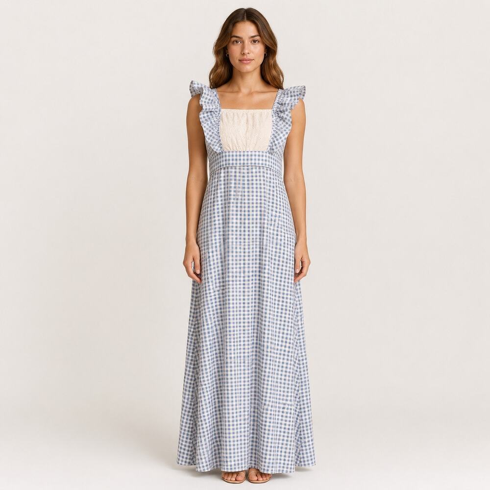 Vintage Blue Gingham Prairie Maxi Dress Eyelet Ruffle XS Cottagecore -